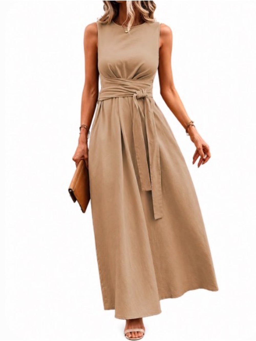 Sleeveless Tie-Waist Maxi Dress in Tan - Size Large to XL